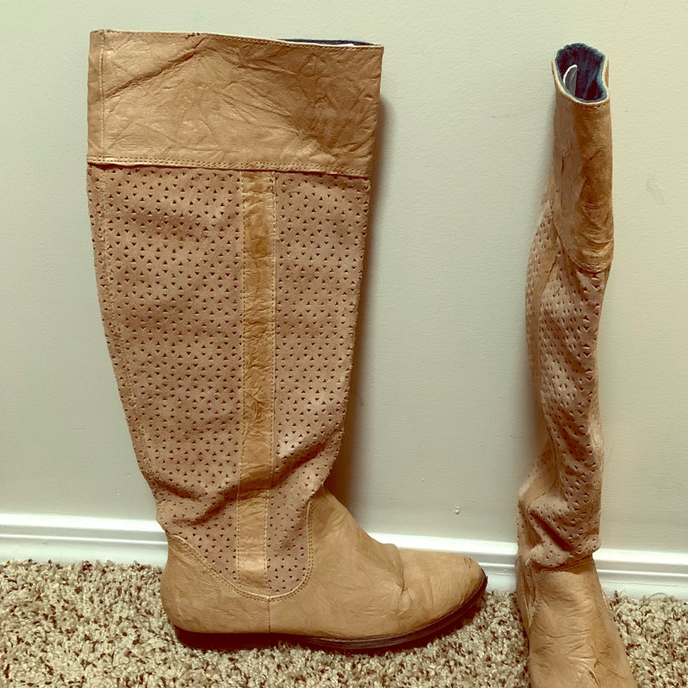 Vintage Tan Suede Leather laser cut knee high boot